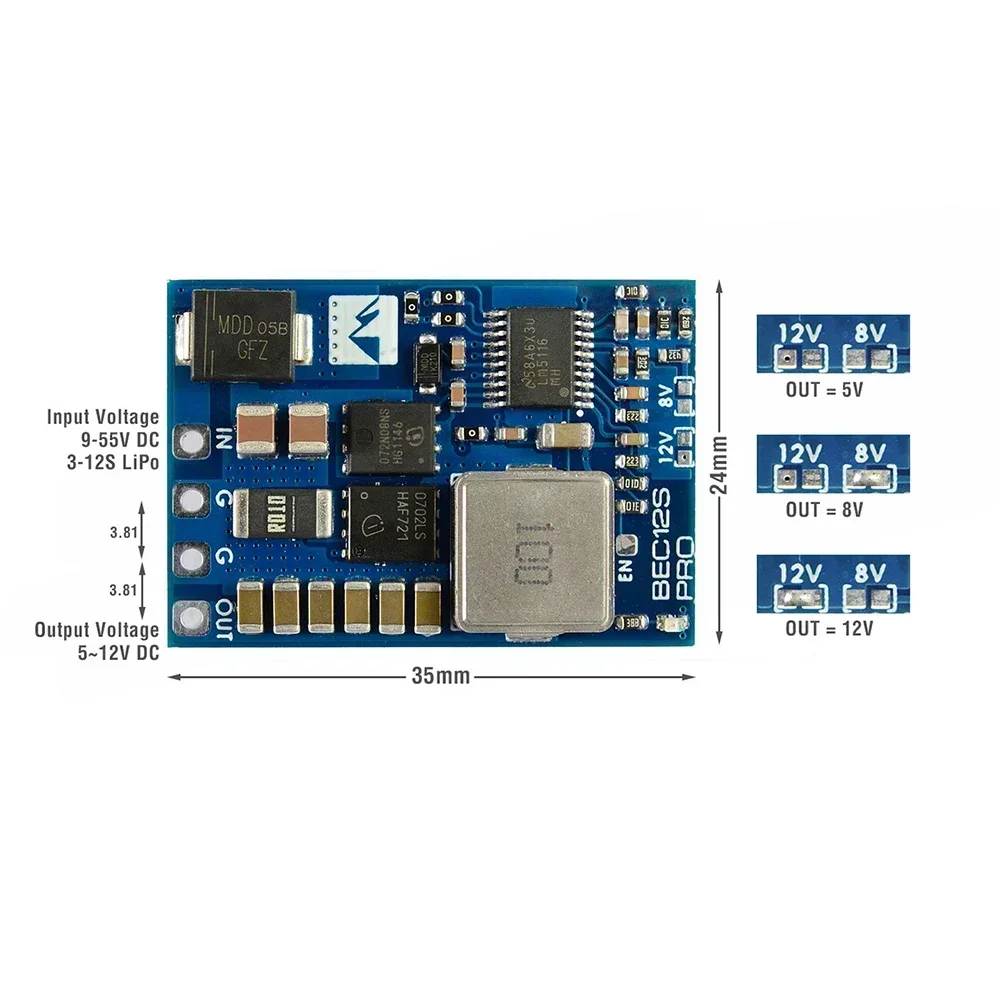 Module d'alimentation MATEKSYS BEC12S-PRO BEC |   9-55V à 5V/8V/12V (5A) |   Protection contre les surintensités (auto-récupération) pour drone RC FPV
