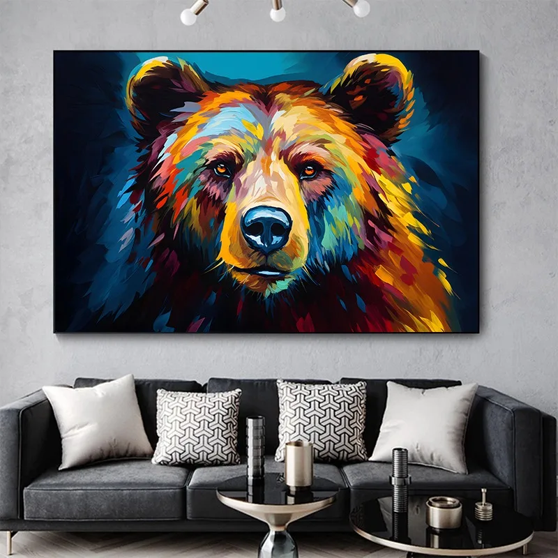 Colorful Abstract Grizzly Bear Portrait Posters Prints Canvas Painting Animal Wildlife Modern Wall Picture for Living Room Decor