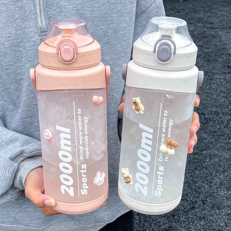 Sports Fitness Cold Water Cups With Handle Straw Time Scale Portable Leak-Proof Water Bottles Portable Travel Plastic Water Cup