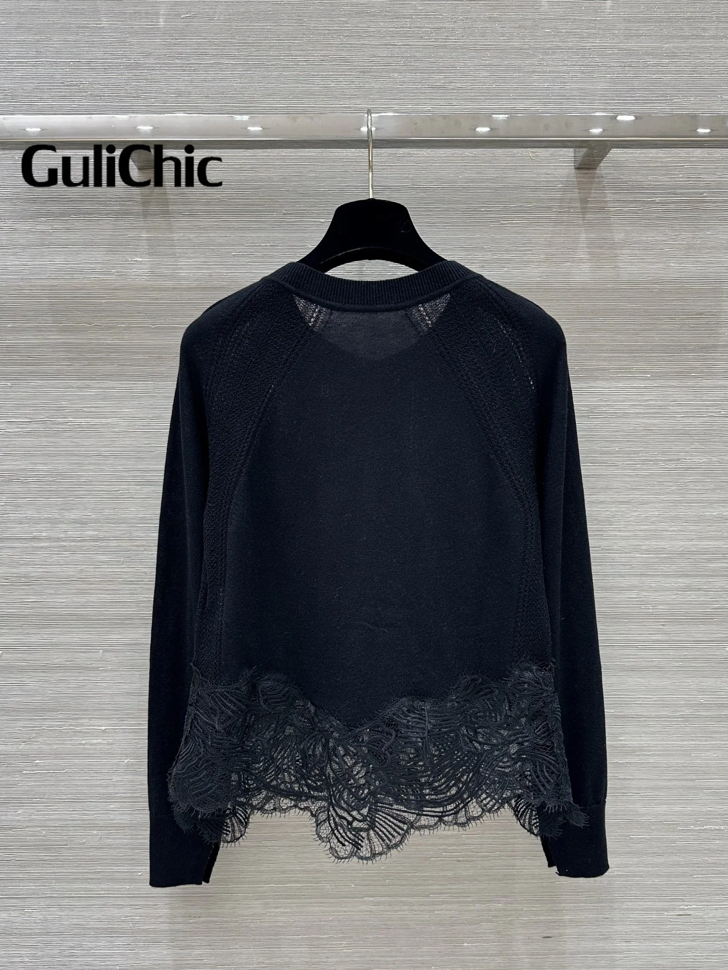 8.28 GuliChic Women\'s High Quality Soft Comfortable Knitwear Fashion Elegant Lace Spliced O-Neck Long Sleeve Casual Cardigan