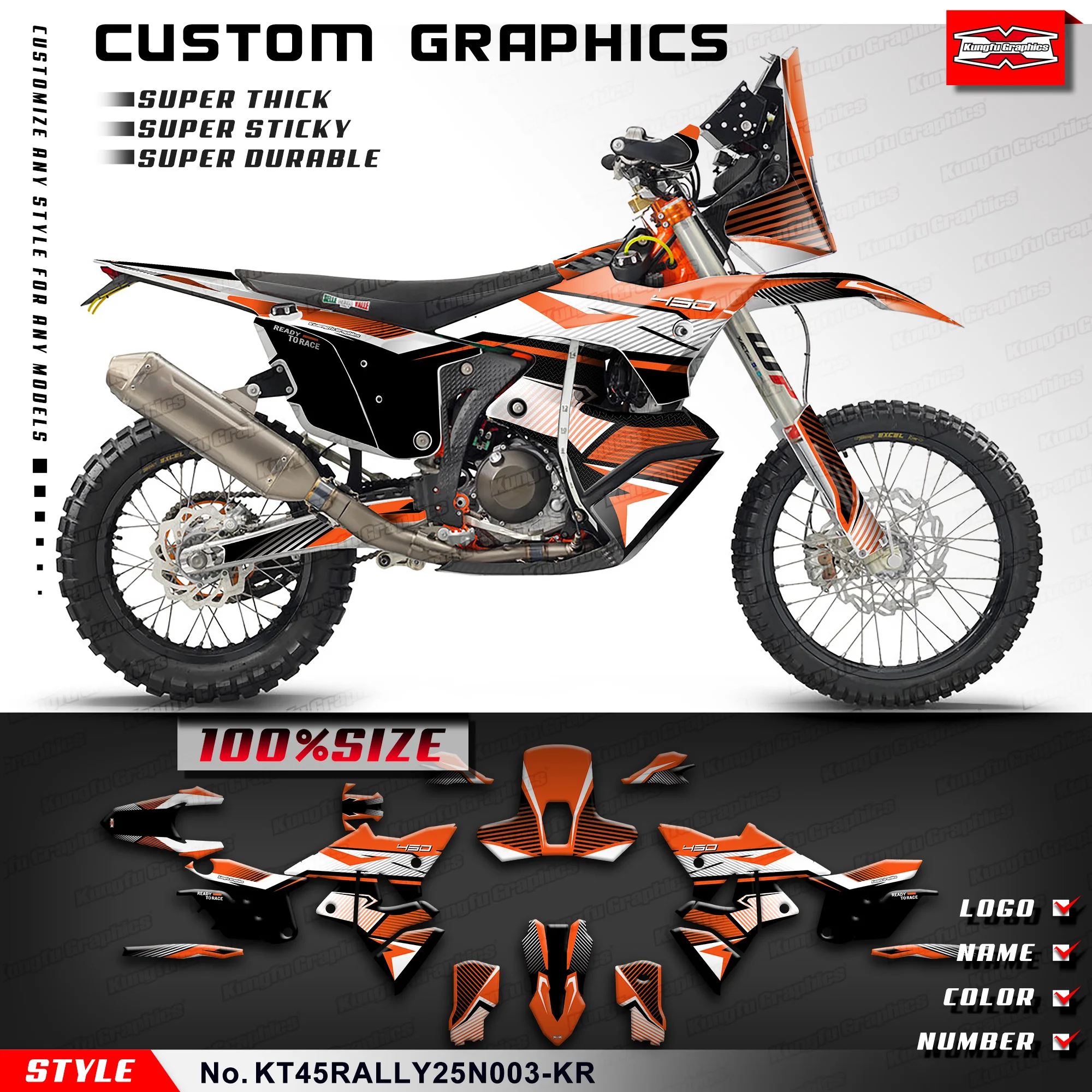 

KUNGFU GRAPHICS индивидуальная клейкая наклейка с мотоциклетной графикой для KTM и Husqvarna 450 RALLY 2025 года, Restyle, KT45RALLY25N003-KR