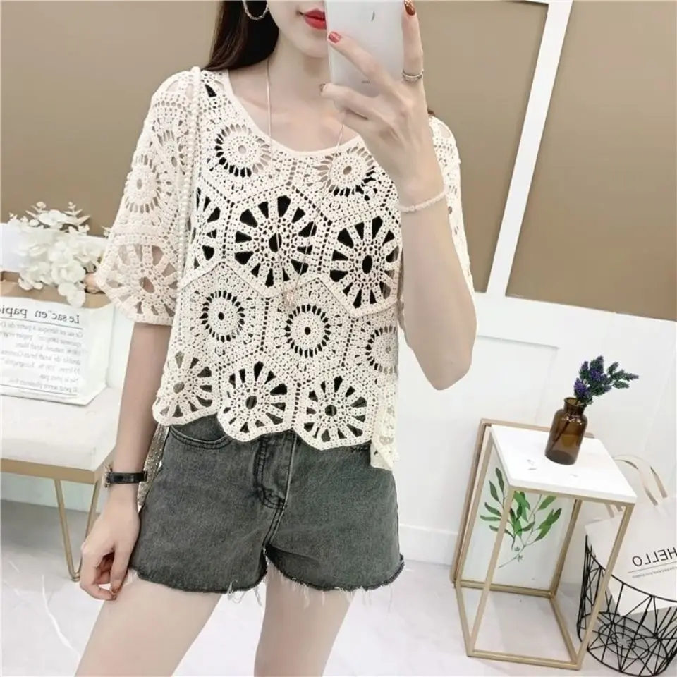 Knitted Shrug Women Bohemian Style Midi Sleeve Lace Top Short Knitting Outwear Hollow Out Sweater Geometric Tops