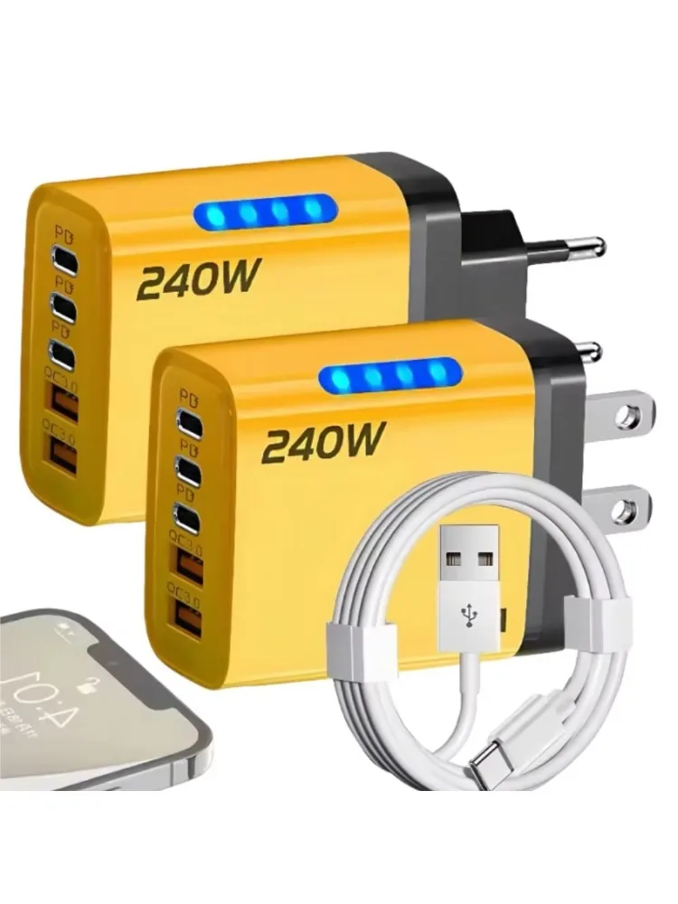 Szybka ładowarka GaN 5w1 o mocy 240W z wieloma portami, ładowarka do telefonu z oświetleniem LED, 2USB+3Type-C, adapter sieciowy do iPhone 16 15 Pro, laptopa — 2
