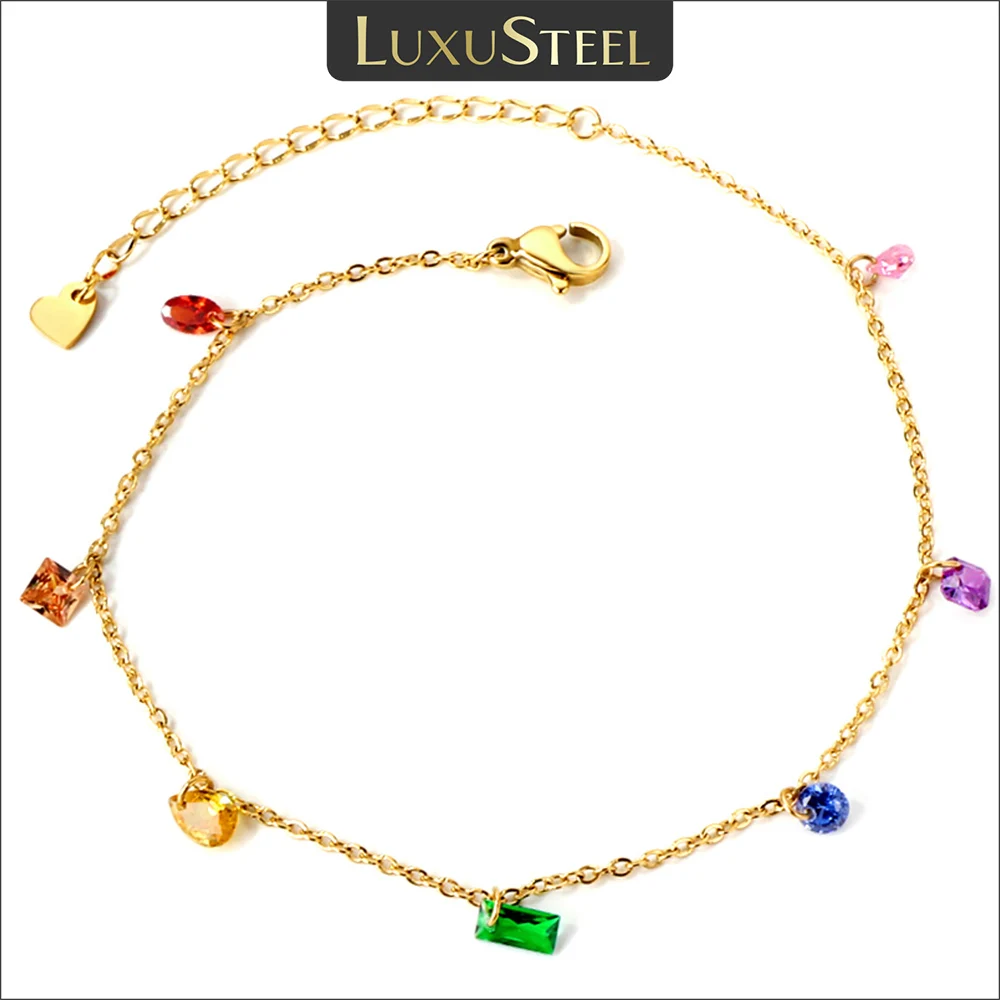 LUXUSTEEL Boho Süße Bunte Kubische Zirkon Fußkettchen Edelstahl Geometrische Kristall Knöchel Armband Damen Sandalen Sommer 2023
