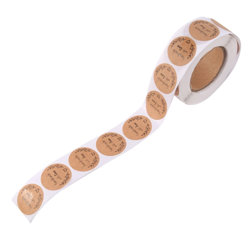 A35Q-1 Inch Round Natural Kraft Olive Branch Handmade With Love Stickers / 500 Labels Per Roll