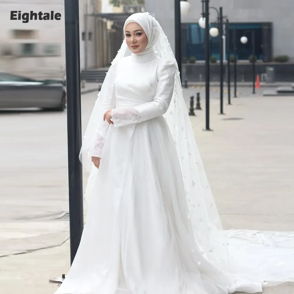 

Eightale Arabic Wedding Dress High Neck Customized White Ivory Mermaid Long Sleeves Lace Muslim Satin Bridal Gown Robe De Mariée