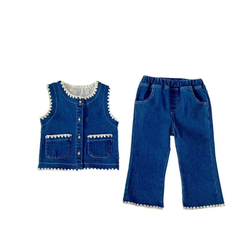 Girls autumn clothing2024new denim suit cardigan vest kickcut trousers baby girl two-piece suit