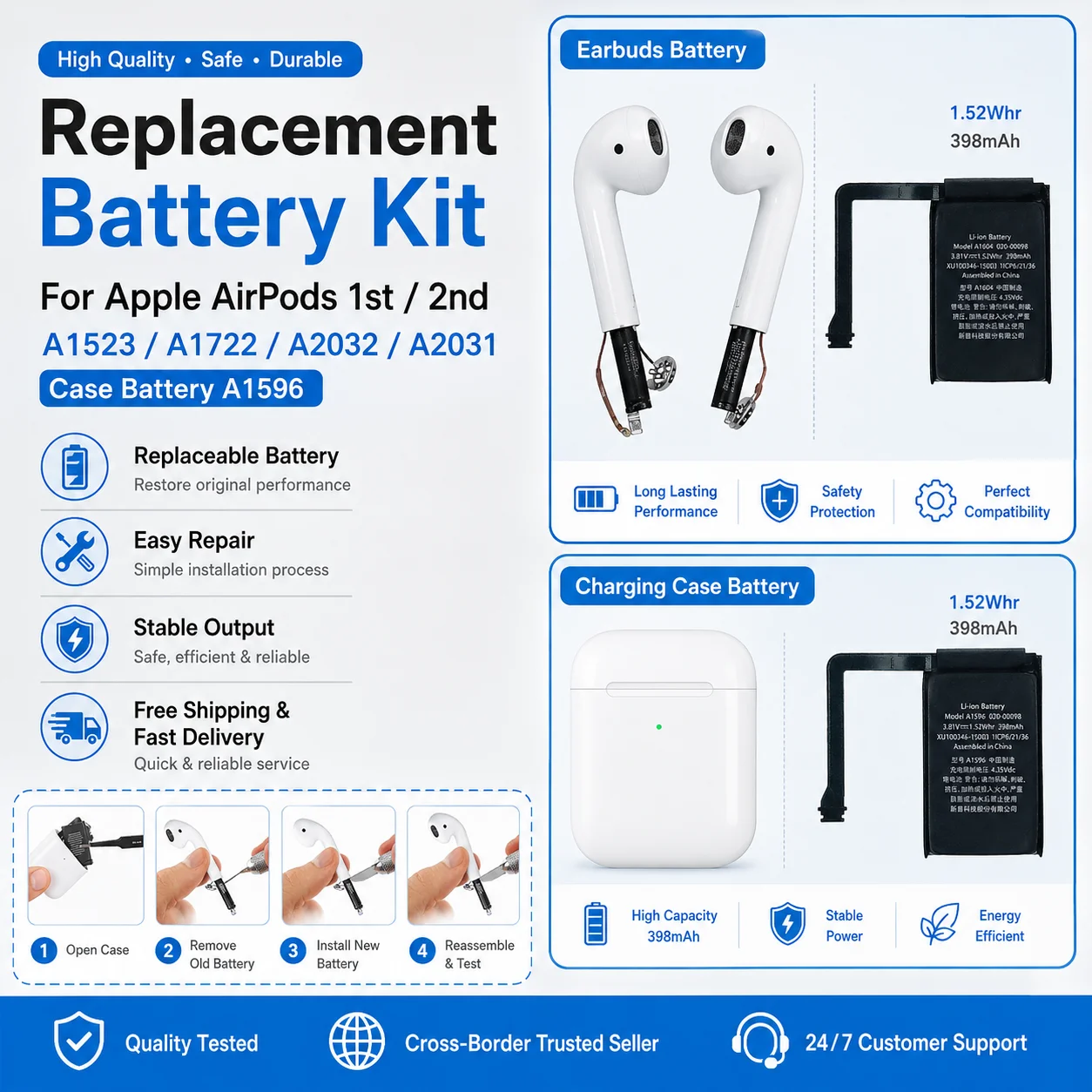 Rechargeable Earbud Battery 93mWh A1604 for Apple AirPods 1st 2nd Gen A1523 A1722 A2031 A2032 Replacement Repair Parts