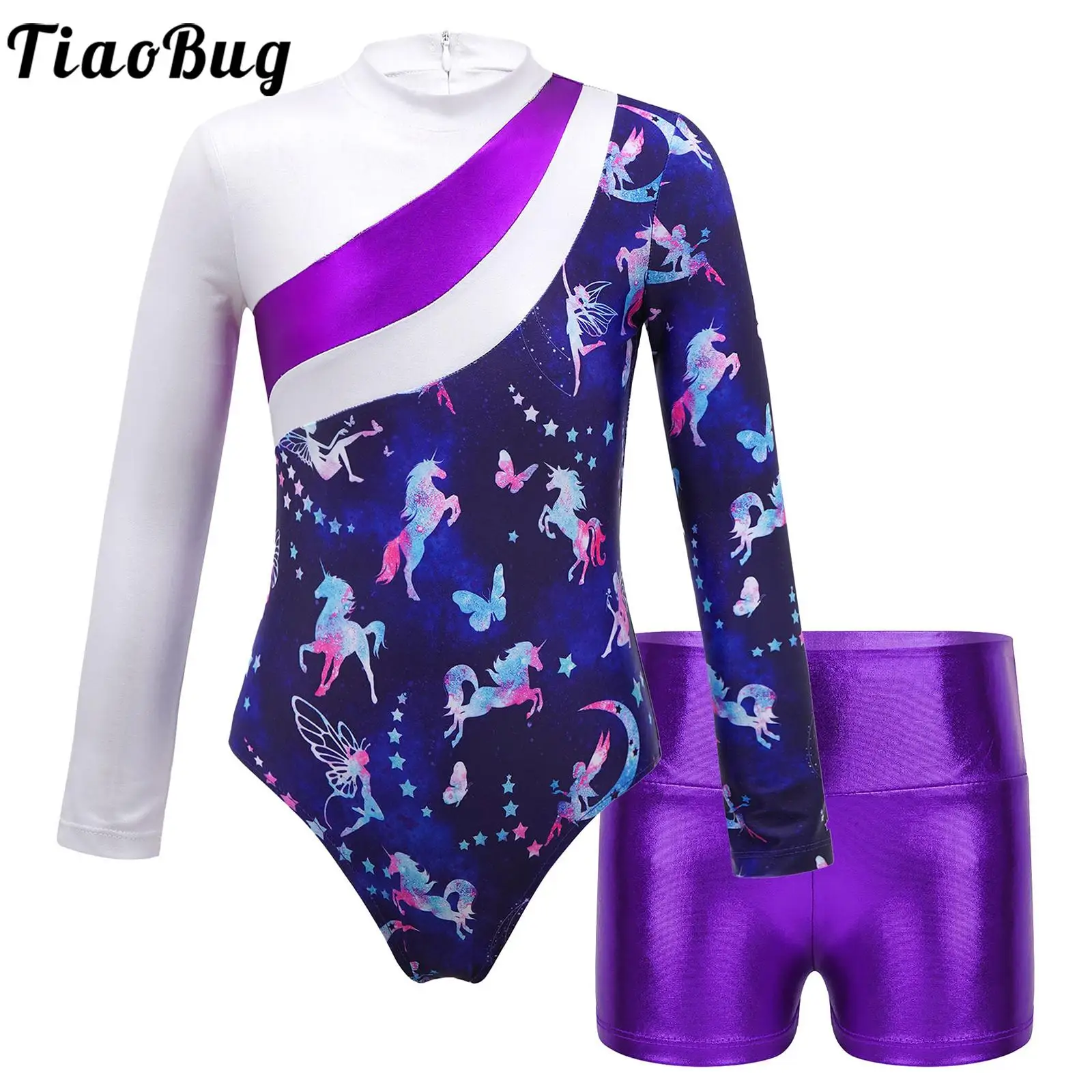 

Kids Girls Gymnastics Dance Sports Outfit Long Sleeve Color Block Printed Leotard with Metallic Shorts Set for Stage Performance