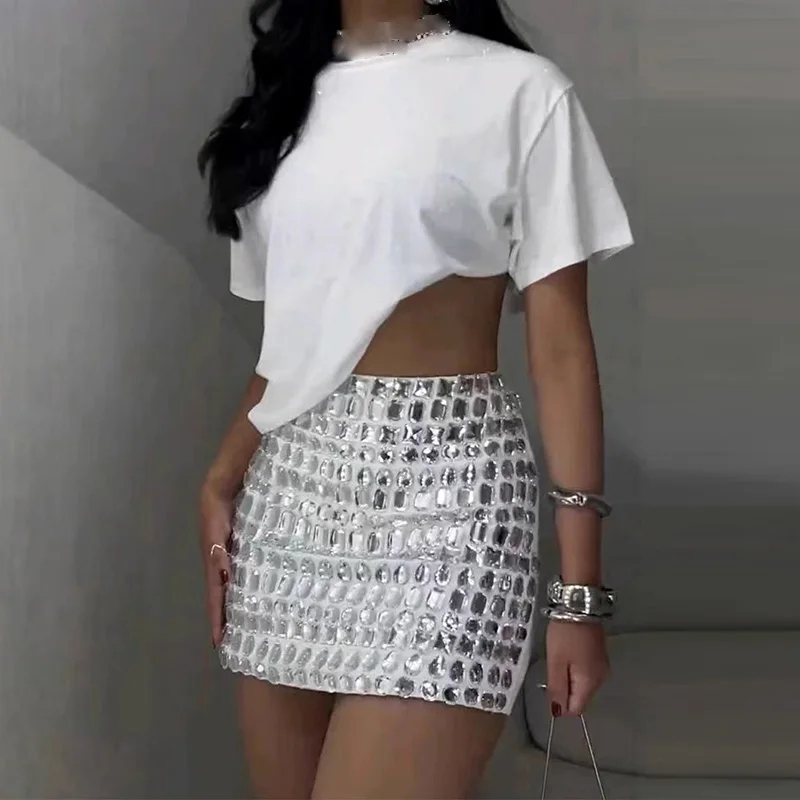 

New Women's Elegant Party Outfit Casual O Neck Short Sleeved Top + Mini Skirt Set Fashion Rhinestone Patchwork Slim Women's Suit