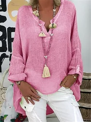 Plus Size Women's Summer New V Neck Solid Top Casual Women Linen Shirt Round Neck T-shirt Short Sleeve Tops Loose Blouse
