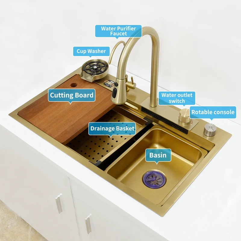 Gold Waterfall Sink 304 Stainless Steel Faucet Handmade Multifunctional  Kitchen Sink