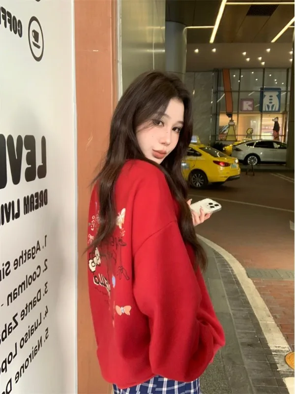 

Женская повседневная толстовка с круглым вырезом и длинными рукавами в корейском стиле, красная, осенне-зимняя, для уличного стиля, на Рождество и Новый год