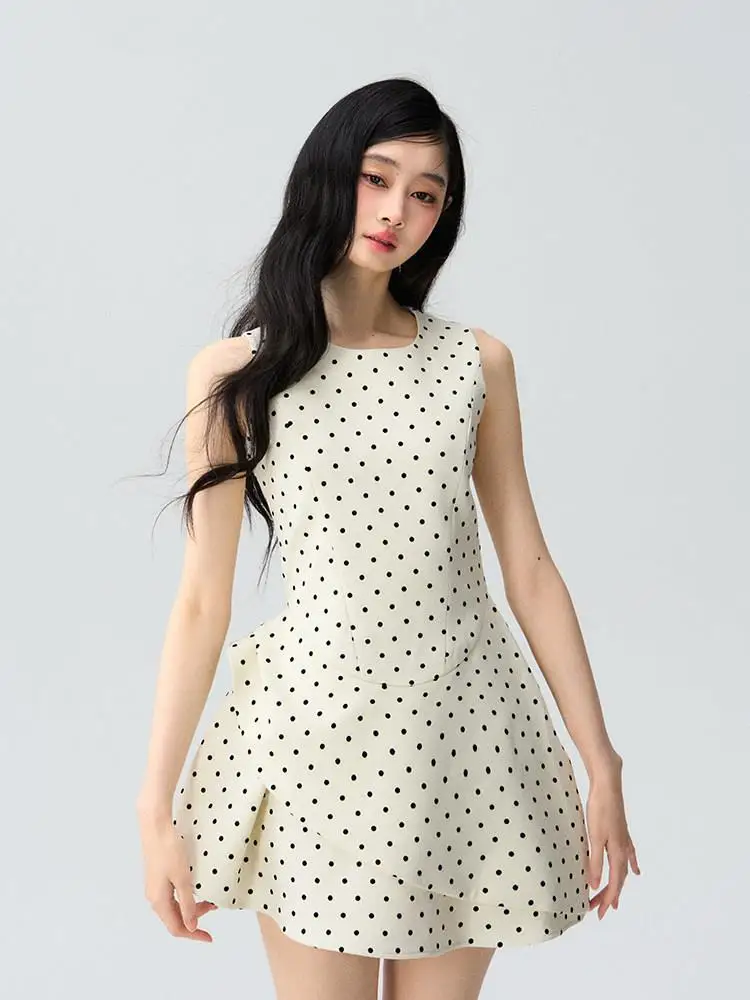 

OIOI E Spring Summer Polka Dot Asymmetrical Hem Dr Women's Sweet High Waist A-Line Skirt Sle Casual No Sve Dr