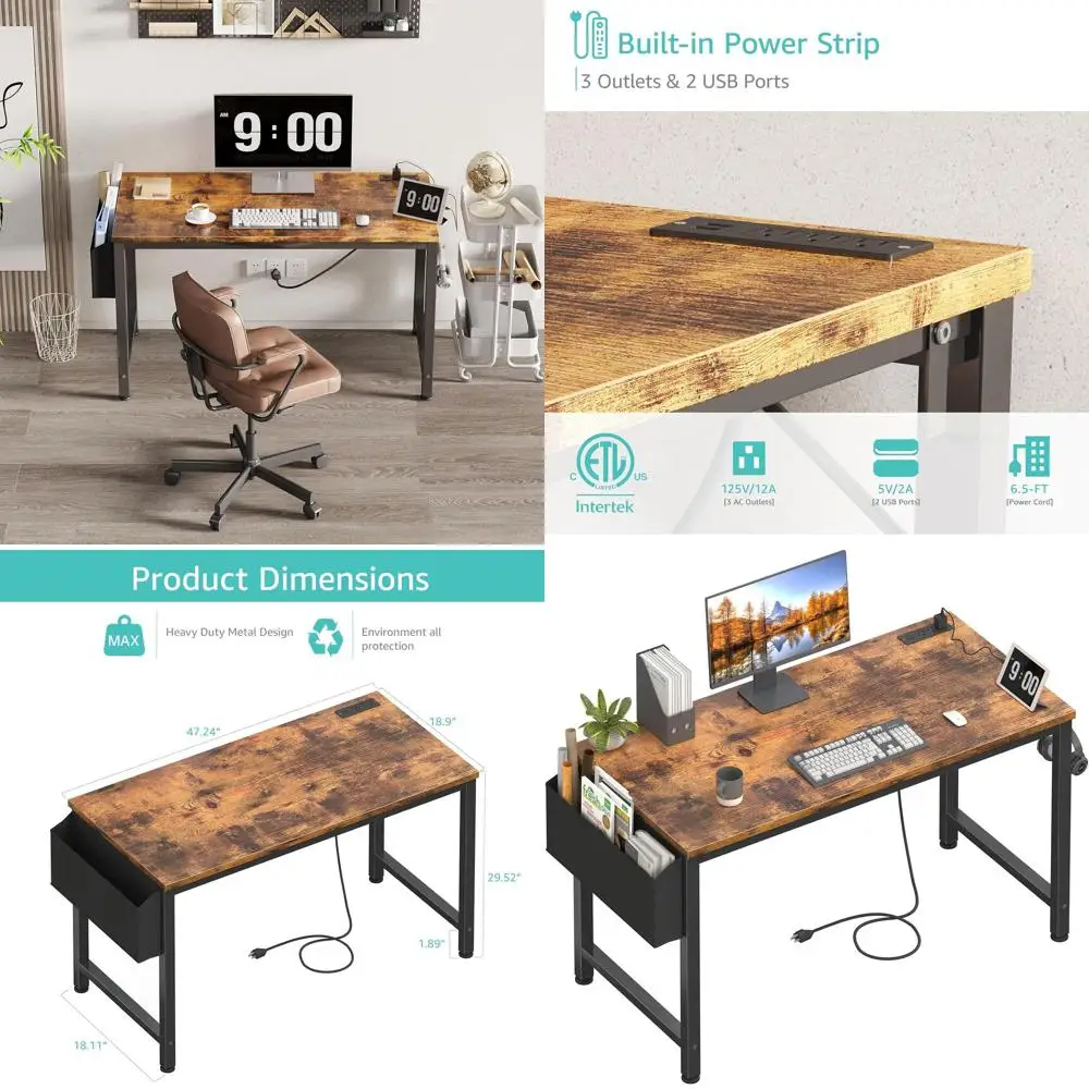 

47 Brown Study Desk with Built-in Power Outlets for Home Office, Writing, and Gaming