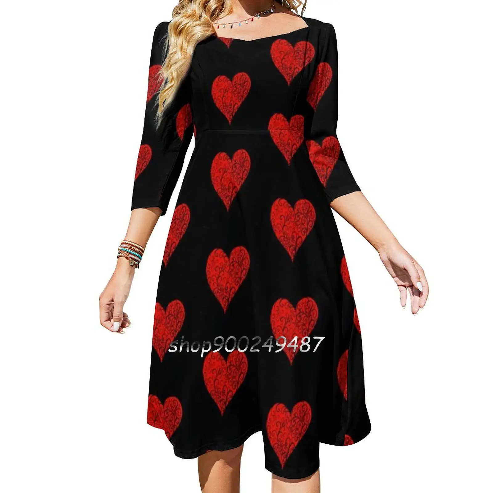 Red Heart With Black Swirls Square Neck Dress Cute Loose Print Dresses Elegant Beach Party Dress Red Red Heart Heart Love