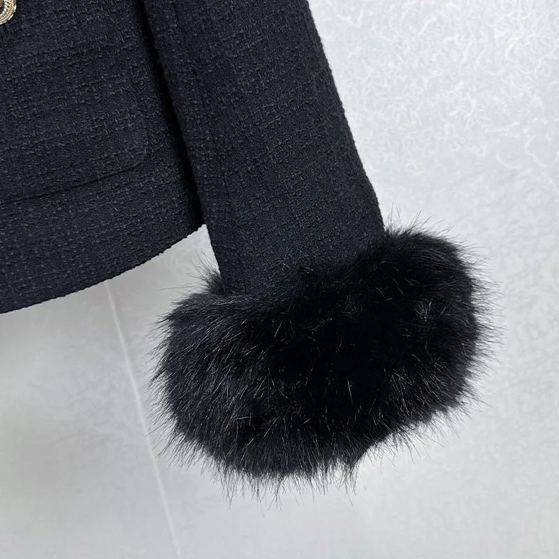 Autunno Inverno Nero Fragranza di alta qualità a maniche lunghe impiombata ​ ​ giacca in pelliccia finta Giacca corta da donna in tweed caldo moda donna