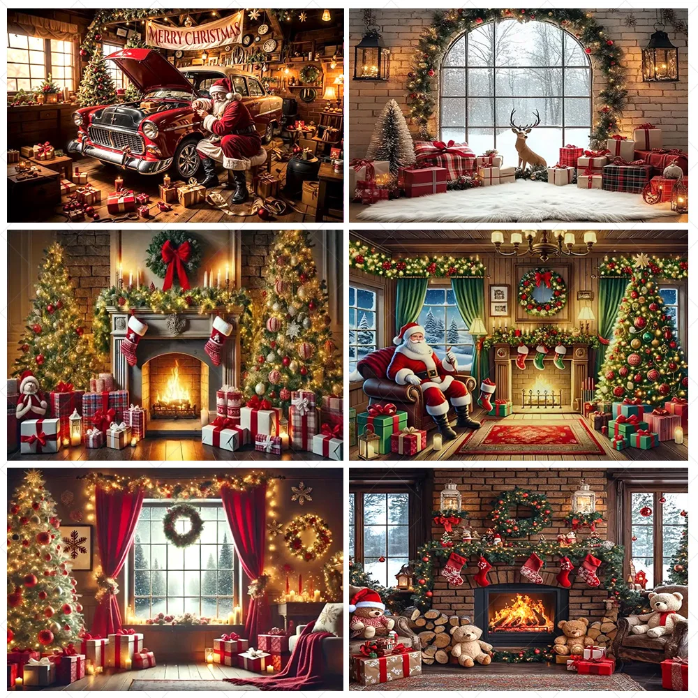 

Red Christmas Fireplace Background Santa Claus Xmas Tree Garland Gifts Backdrop Supplies Photography Prop Xmas Party Decoration