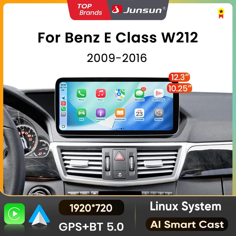 Écran multimédia intelligent Android avec navigation GPS, CarPlay et Android Auto sans fil Junsun 1920*720 12.3'' 10.25'' pour Mercedes Benz Classe E W212 2009-2016.