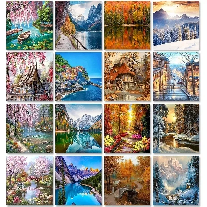 GATYZTORY Scenery Oil Painting By Numbers Four Seasons 60x75cm Paint By Numbers Landscape On Canvas DIY Frameless Draw Number