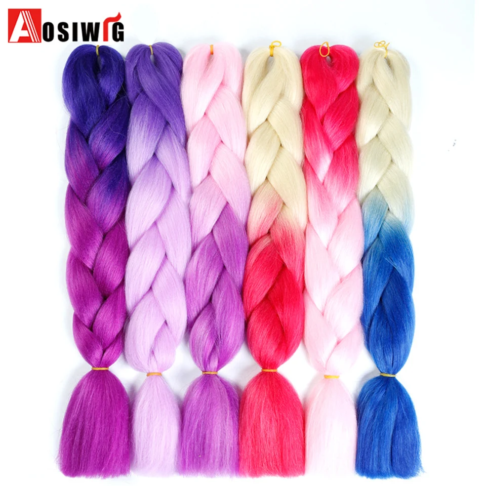 Extensión de cabello trenzado sintético Jumbo para mujer, trenzas de cabello DIY, ombré, rosa, Morado, amarillo, gris, 24 pulgadas