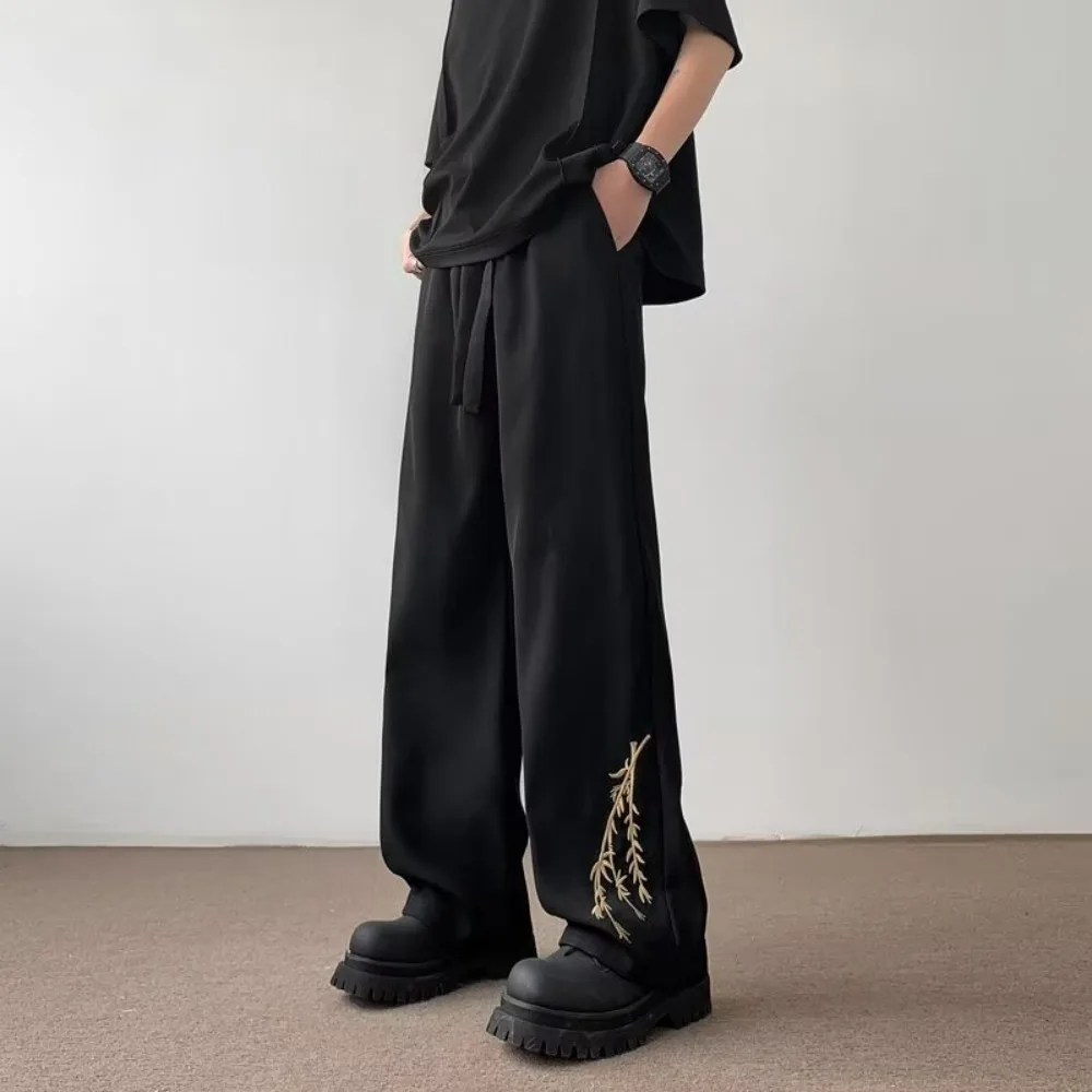 

New Chinese-style ice silk leisure pants for men, summer national trend brand, metal buckle, bamboo print, loose straight tube