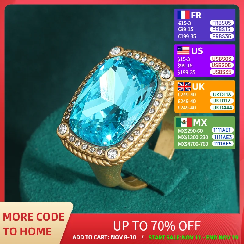 Vintage Sea Blue Rectangular Crystal Ring Gold Color Luxury Design Antique with Rhinestones Copper Jewelry Accessories for Women