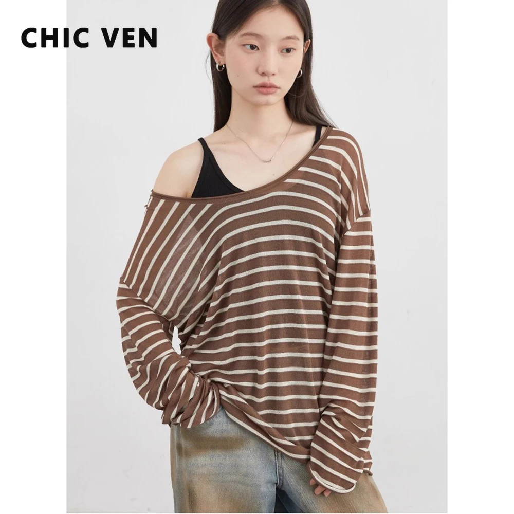 

Женские футболки CHIC VEN с длинным рукавом, свободные повседневные новые пальто в стиле ретро, большие полосатые футболки с U-образным вырезом, женский топ, весна-осень 2025
