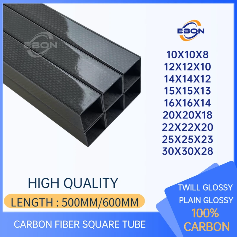 

EBON 1Pcs 500mm 600mm High Quality Carbon Fiber Square Tube OD 10mm 12mm 15mm 18mm 20mm 22mm 25mm 30mm Twill / Plain Weave Gloss