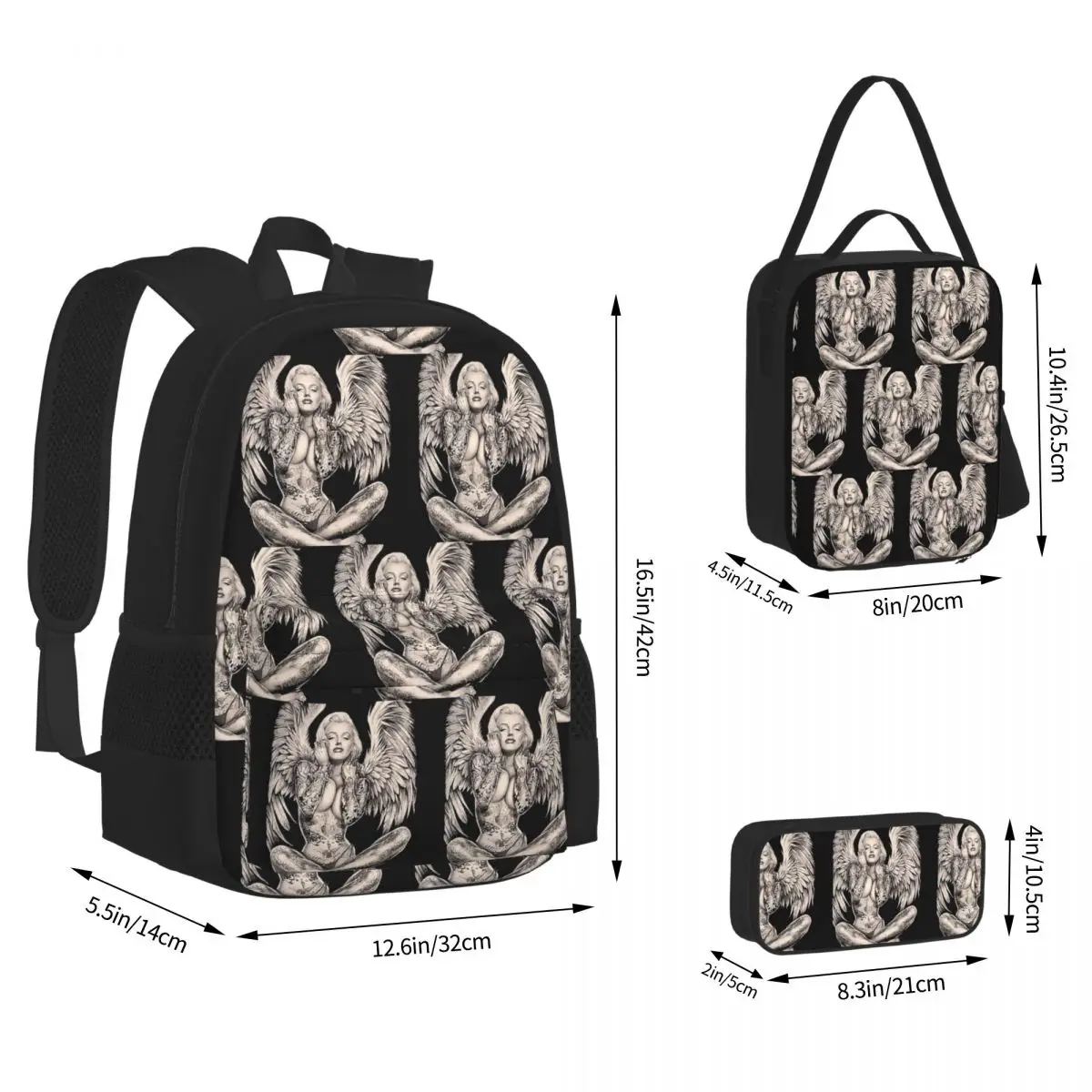 Marilyn Vintage Abstract Tattooed Angel Backpacks Children School Bags Kids Rucksack Lunch Bag Pen Bag Three-Piece Set