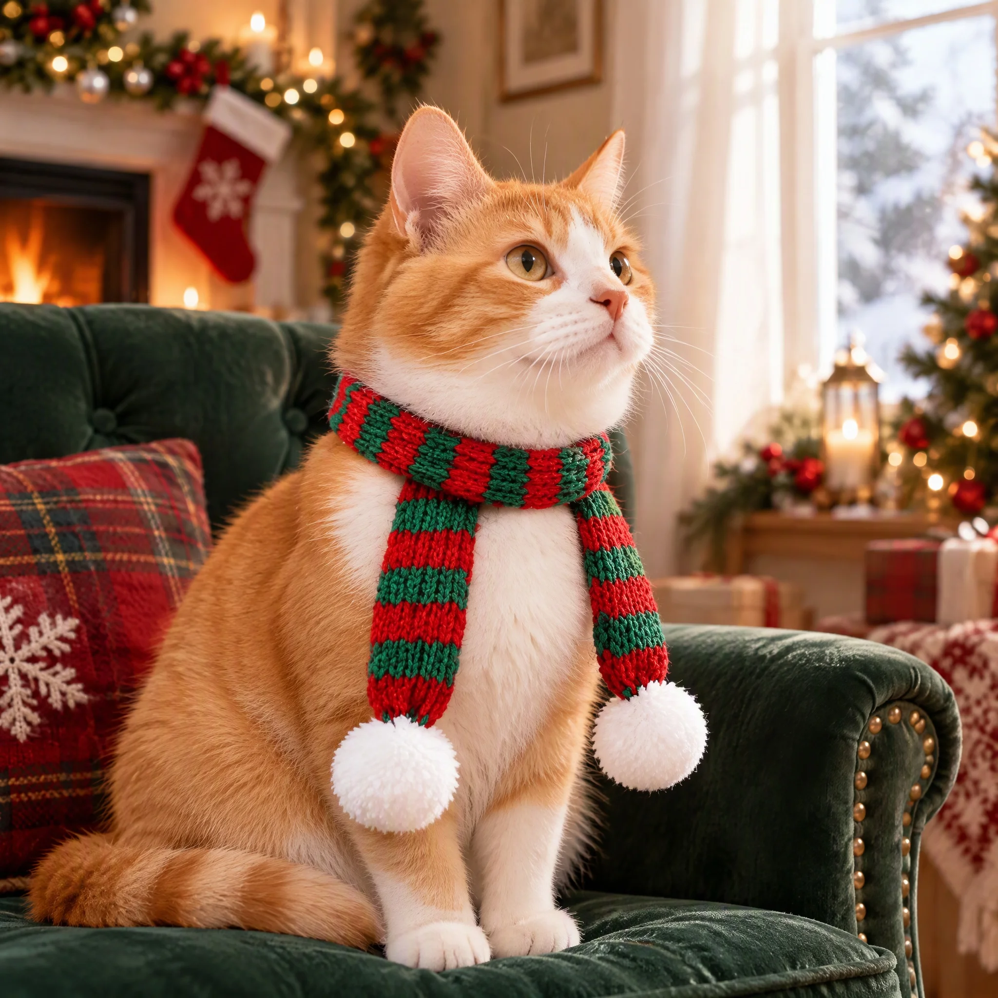 3-piece Christmas striped knitted pet scarf with fluffy balls