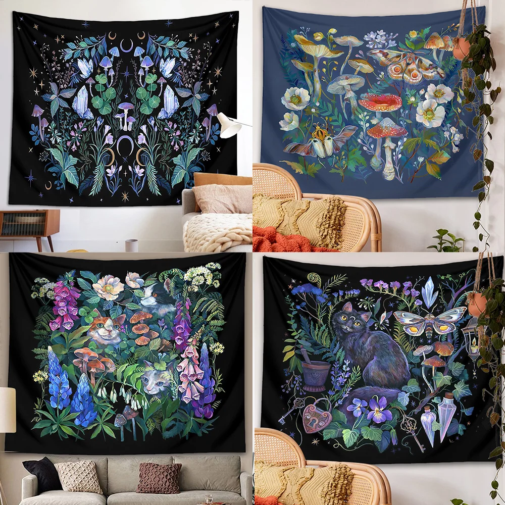 Moon Moth Tapestry Wall Hanging Mushroom Forest Flower Mandala Tapestries Bedroom Decor Bedspread Botanical Print Home Decor