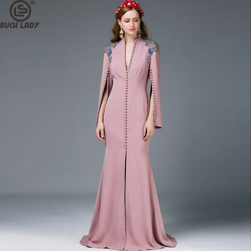 Women's Dusty Pink V-Neck Long Sleeve Evening Gown Heavy Crystal Beaded Shoulder Detail with Front Slit and Train Formal Wear