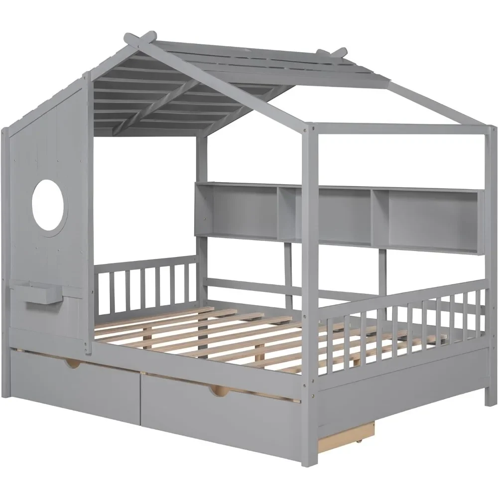 Cama de Casa de tamaño completo con cajones y estantes de almacenamiento, marco de cama de Casa Montessori de madera, tienda de juegos para niños, niñas y niños cama para, gris