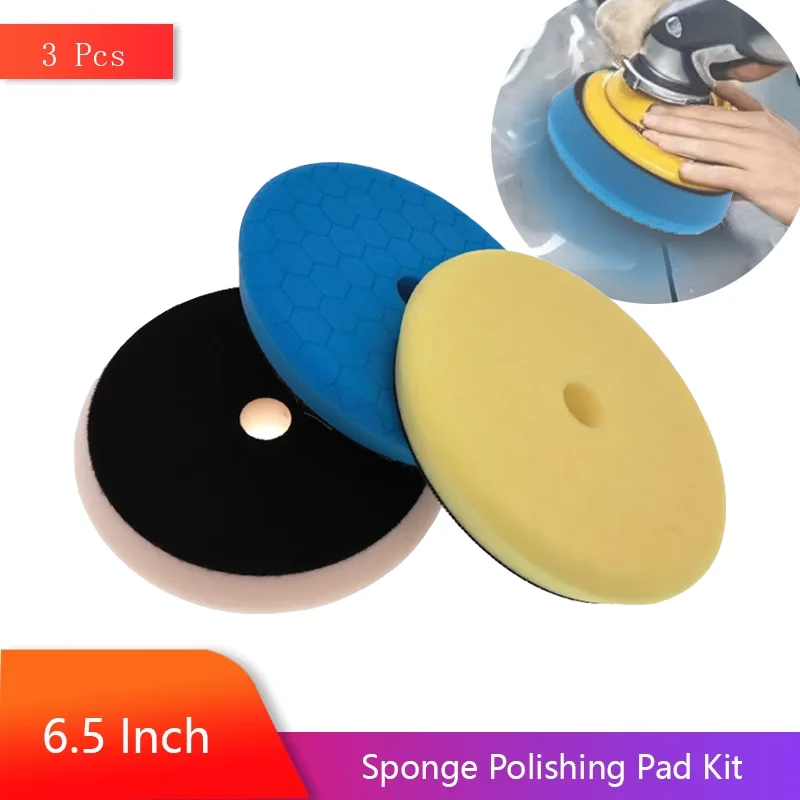 6.5 Inch Flat Foam Polishing Pad Kit 3Pcs Hexagon Surface for Track DA Buffer Foam for Car Body Composite Polishing and Waxing