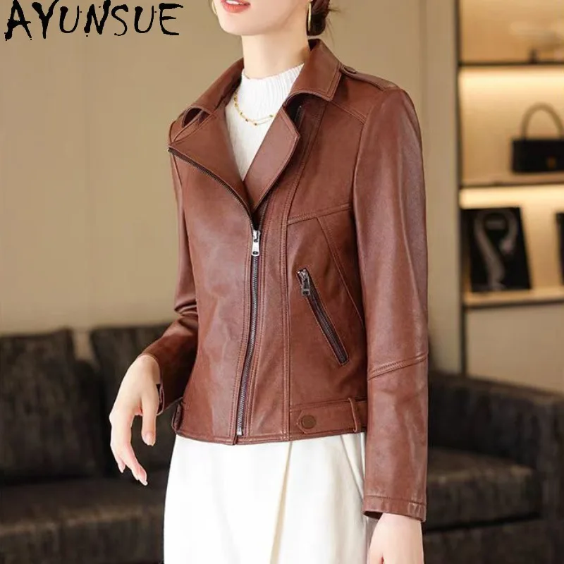 AYUNSUE Women's Real Leather Jacket Fashion Short Fitted Long Sleeve Tops Spring Autumn Motorcycle Jackets Woman Clothes Jaqueta