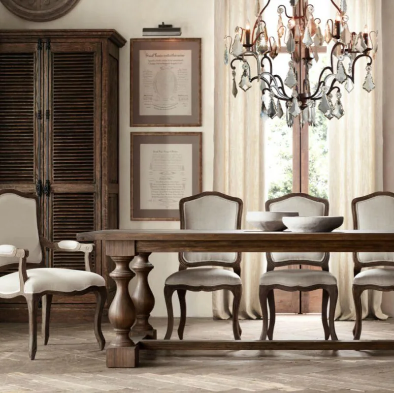 Solid wood carved rectangular dining table oak log household dining table