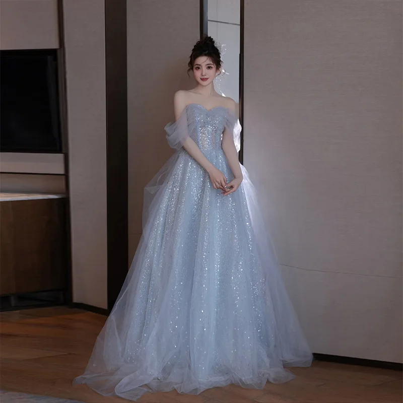 

Light Blue Grey Evening Dress One Shoulder Fairy Style Sequin Dresses Summer New Prom Banquet Vocal Art Exam Host Dress