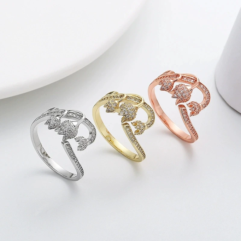 Fashion Hot selling Lily of the Valley Ring with Ins Style For Women Creative Inlay Zircon Rings Versatile Open Finger Jewelry