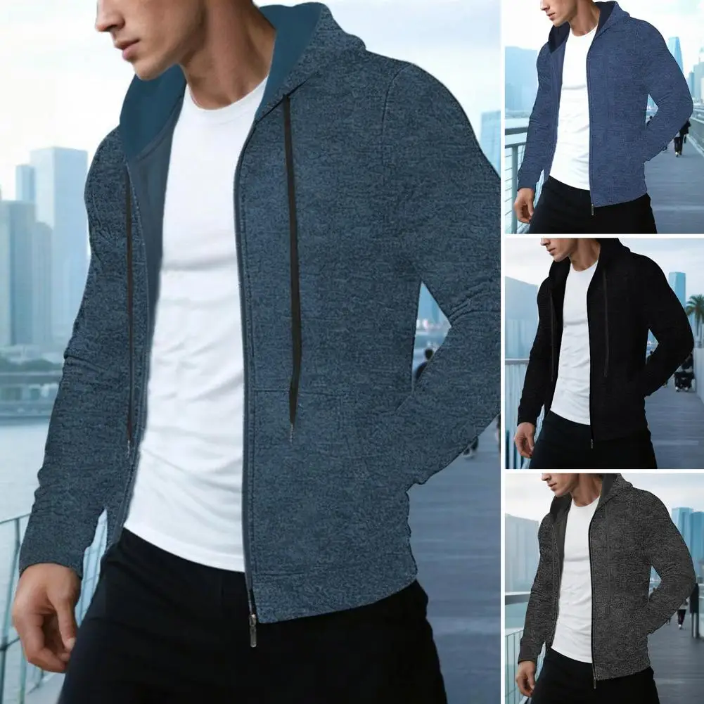 معطف رجالي جاكيت برباط بغطاء للرأس مع جيوب إغلاق بسحاب بلون سادة ملابس خارجية رياضية فضفاضة مناسبة للارتداء اليومي #4