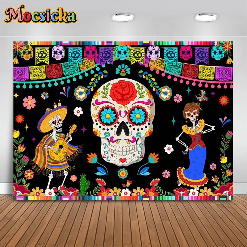 

Mocsicka Day Of The Dead Festival Photography Background Floral Skull Backdrop Decor Wall Holiday Party Photo Props Studio