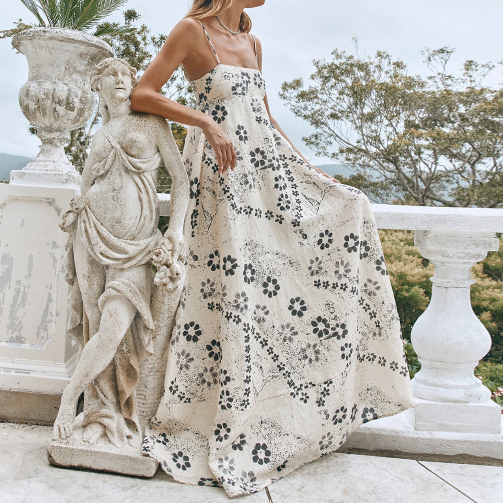 2025 Vestidos Women’s Summer Long Dress Casual Floral Fruit Print Sleeveless Spaghetti Strap Loose Beach Dress Flowy Dress