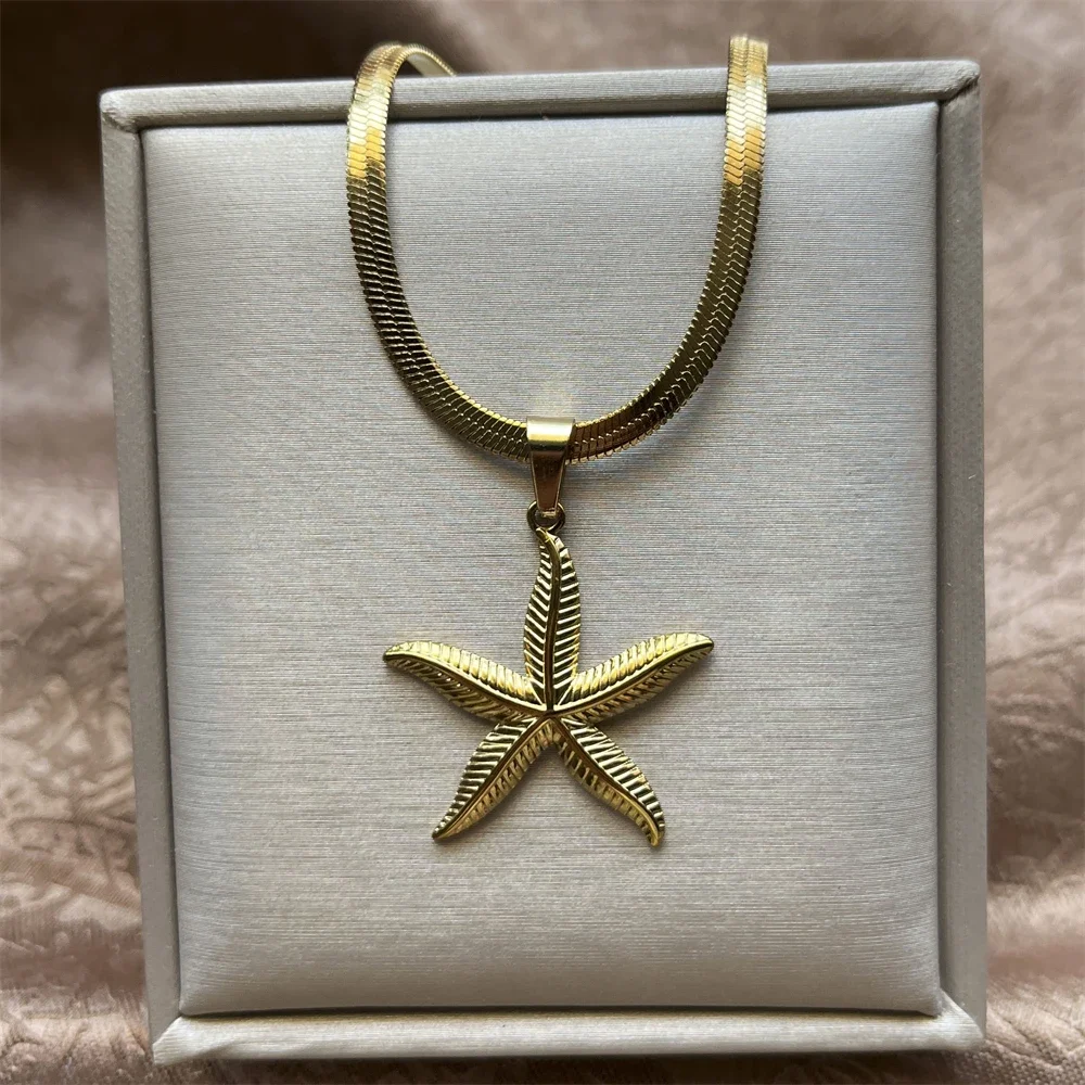 Stainless Steel Exaggerated Boho Metal Big Starfish Star Pendant Choker Necklace Women Summer Punk Snake Blade Chain Y2K Jewelry