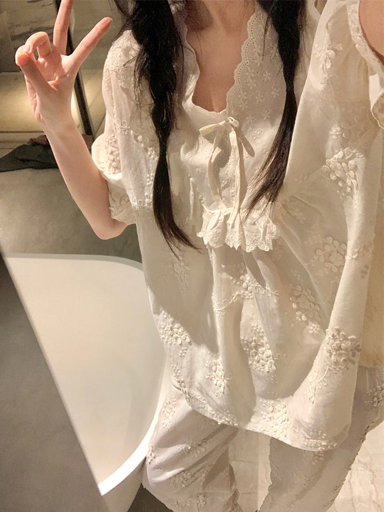 Summer New Retro Elegant Palace Style Lace Long Sleeve Pajamas Sweet Girl Comfortable Soft Casual Homewear Set