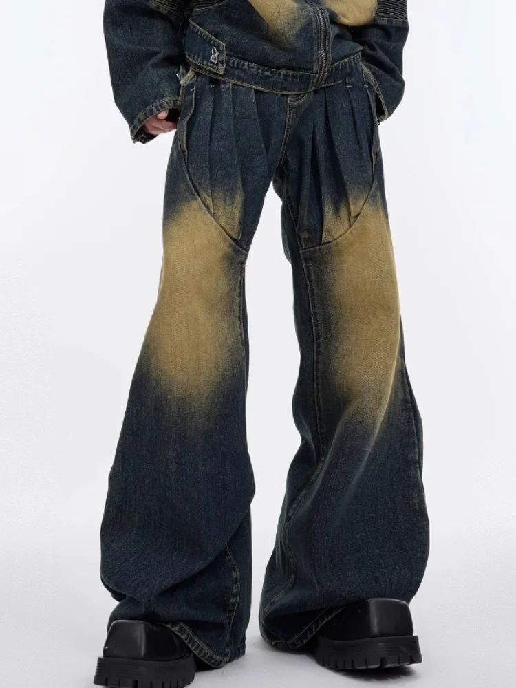 

2025 Punk Y2K Style Vintage Blue Pleated Design Baggy Jeans Pants For Men Clothing Straight Luxury Denim Trousers Pantalon Homme