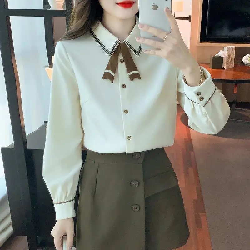 Sweet Lapel Button Solid Color Spliced Bow Shirts Female Clothing 2024 Spring New Loose Casual Tops All-match Blouses