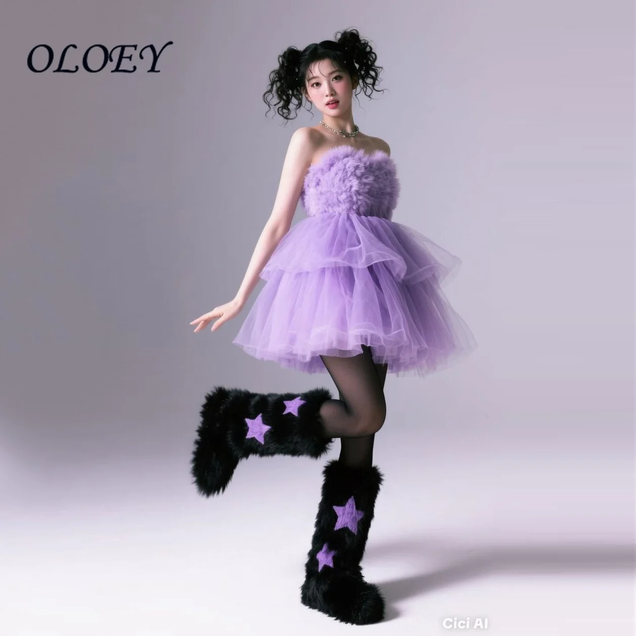OLOEY 2026 Purple Mini Dresses Lush Puffy Tiered Tulle Short Prom Party Dress Layered Strapless Above Knee Length