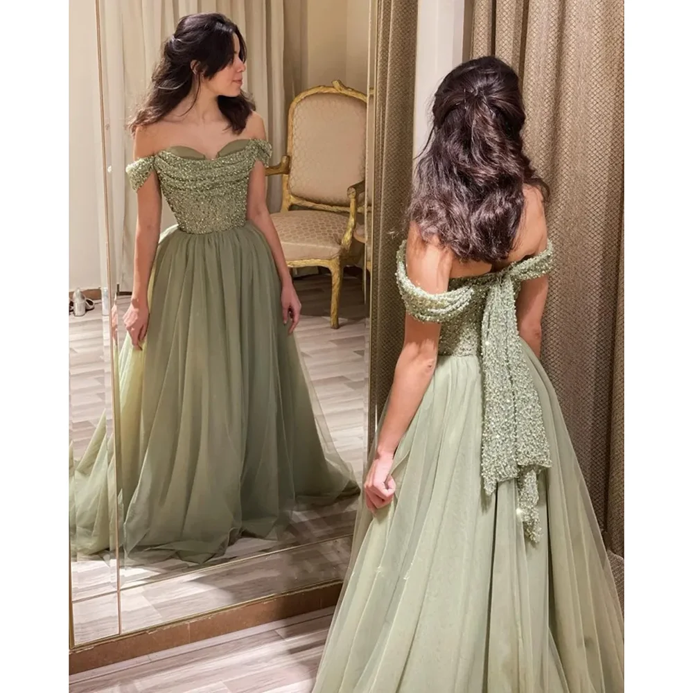 2024 Elegante Off Shoulder Salie Avondjurken Voor Vrouwen Bruiloftsgast Luxe Kralen Arabische Lange Formele Feestjurk Temperament