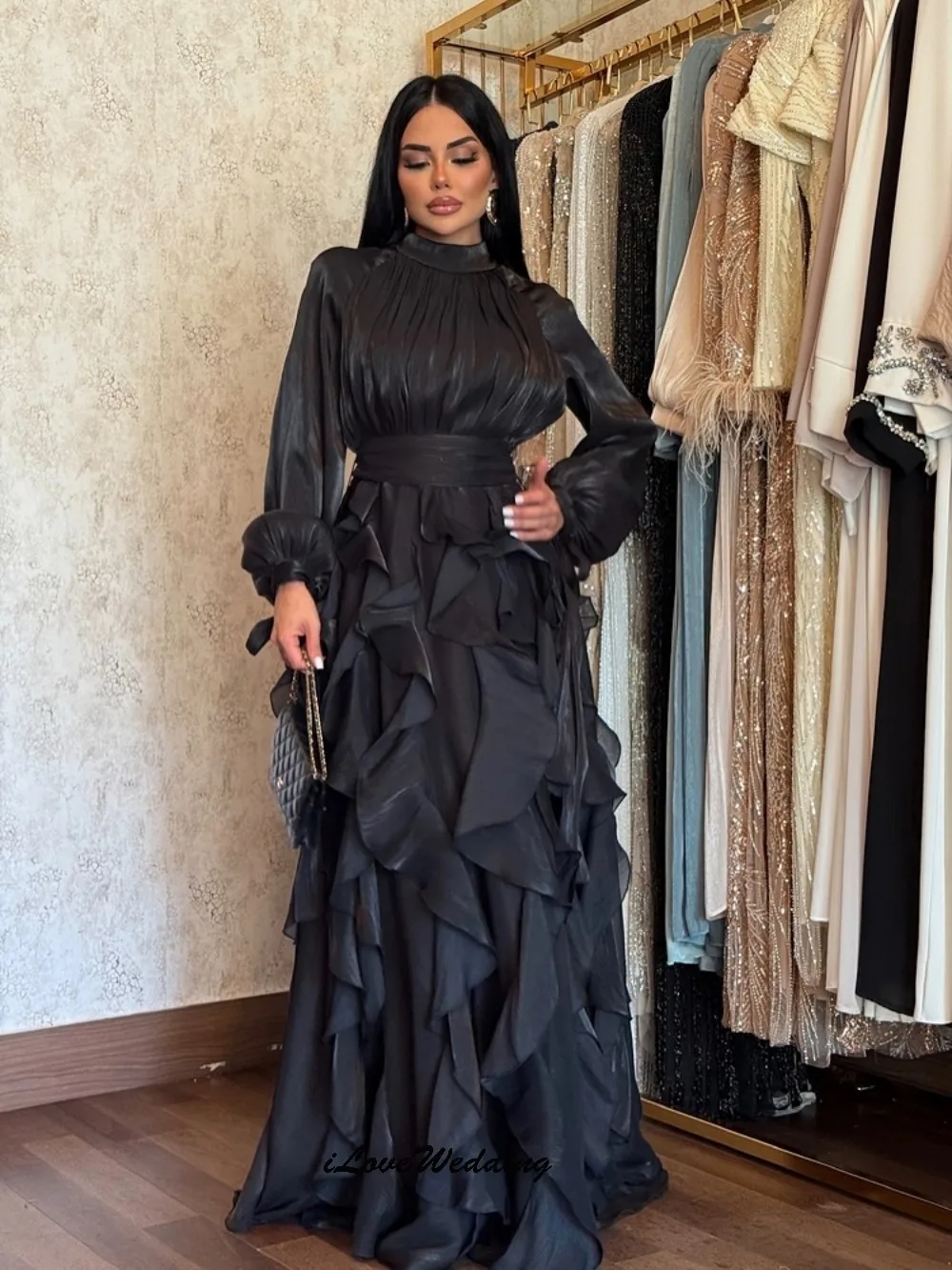 فستان حفلة موسيقية مخصص برقبة عالية 2025 بأكمام طويلة أنيق لحفلات الزفاف على شكل حرف a الكشكشة مطوي فساتين رسمية طول الأرض #6