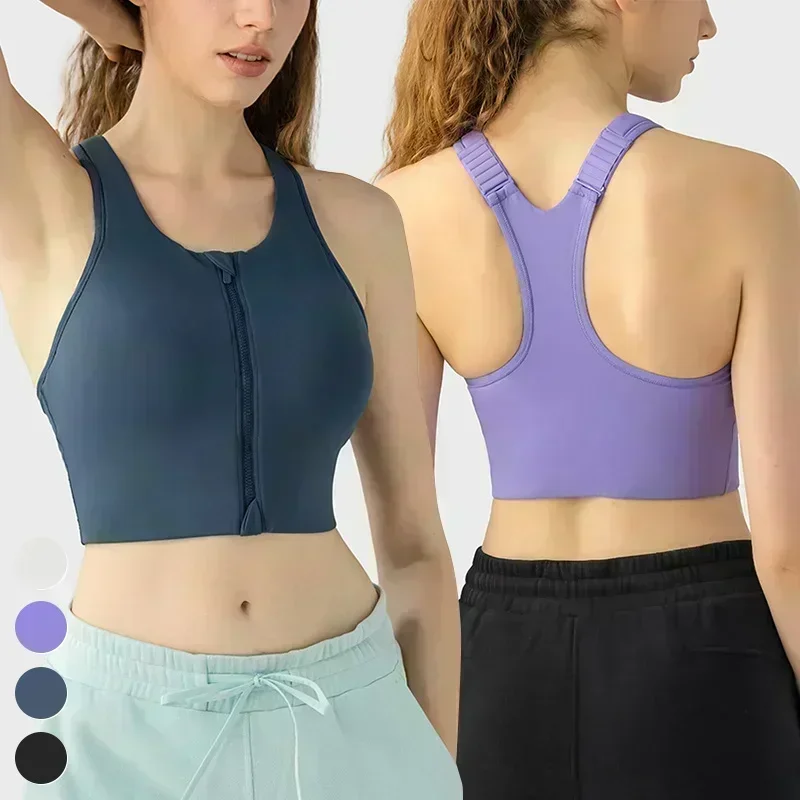 Lemon Smooth Supportive Racerback Adjustable Strap Crop Top High Support Front-Zip Yoga Bra Built-in Bups Shockproof Sports Bras